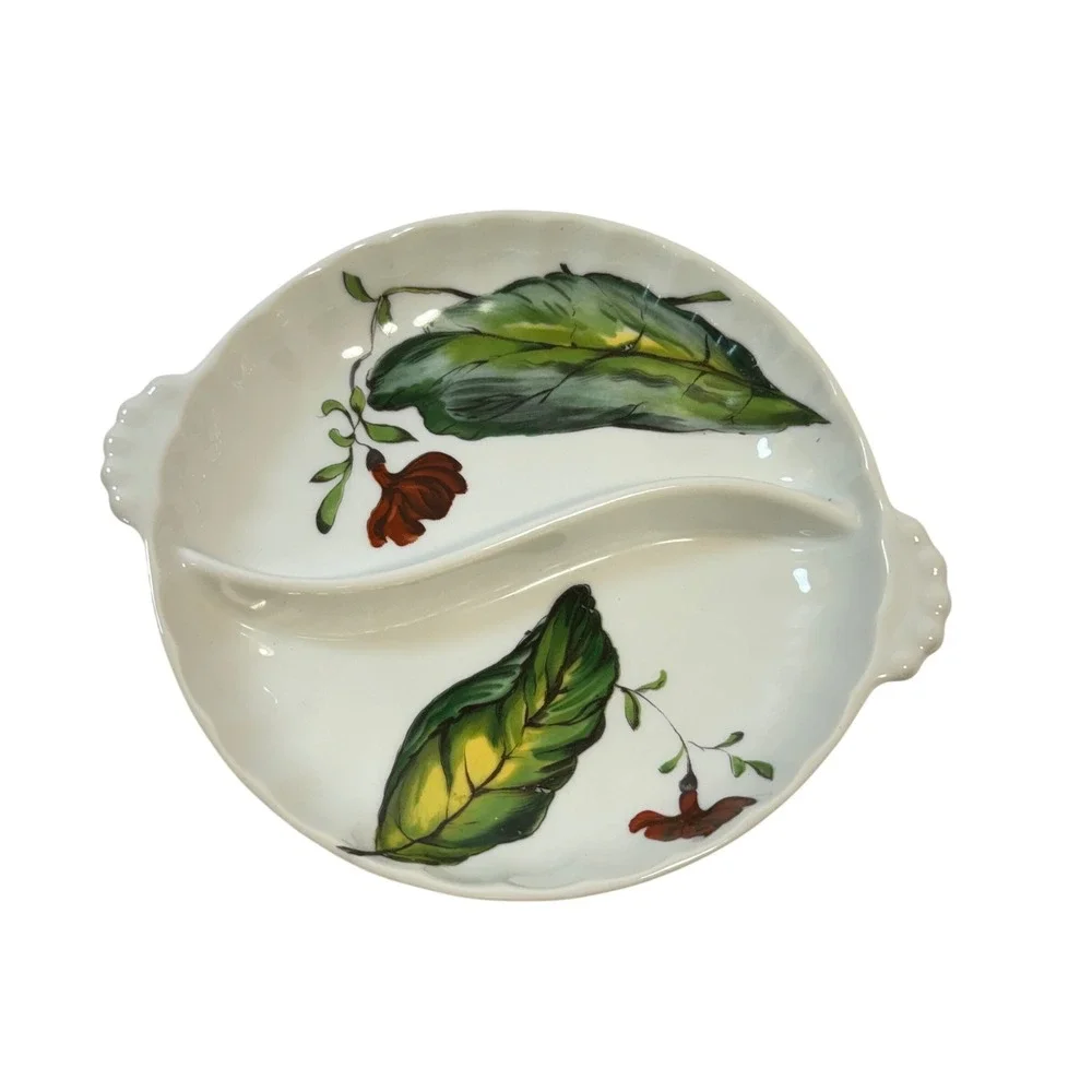 Mottahedeh Design Divided Serving Dish Leaf Floral Hand Painted‎ Cottagecore